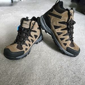 Eddie Bauer Men Tan and Black Leather  Rugged Mid-Top Hiking Boots US 12